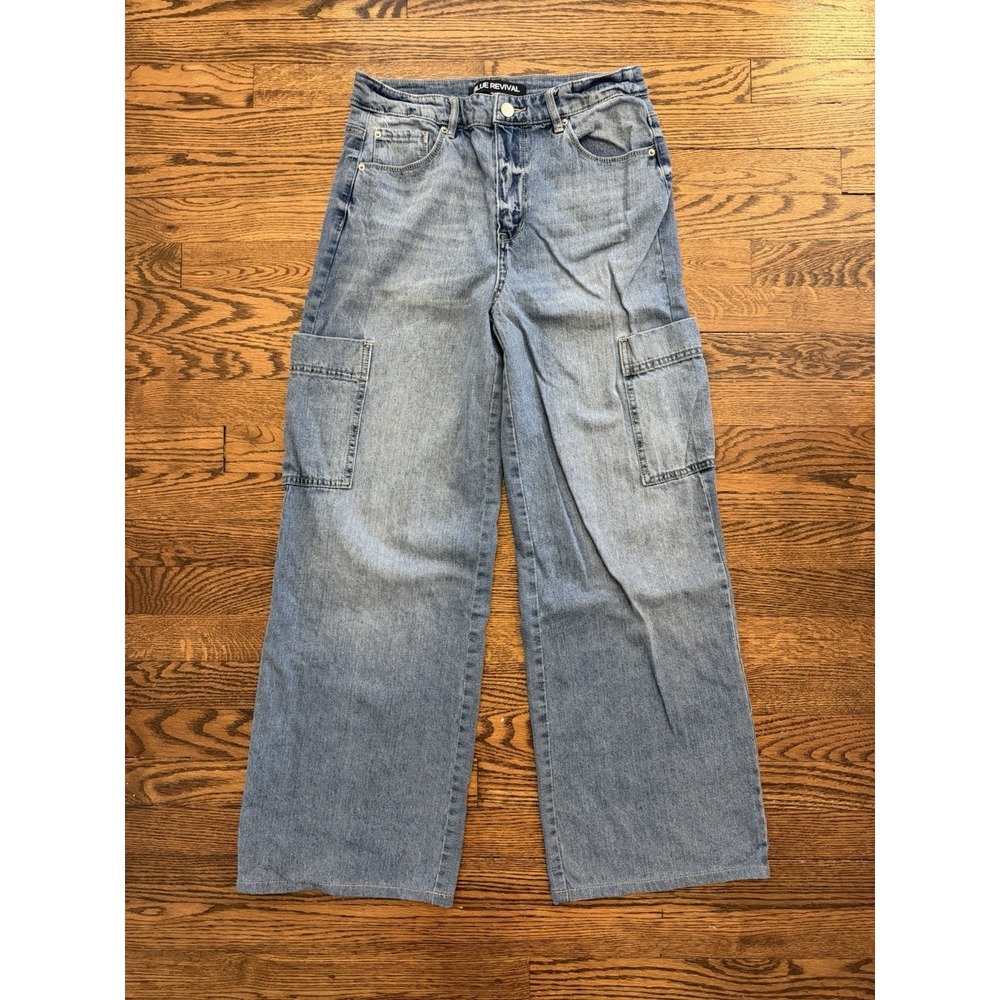 Blue Revival Women's Wide-Leg Denim Cargo Jeans Medium Wash Size 28 High Rise